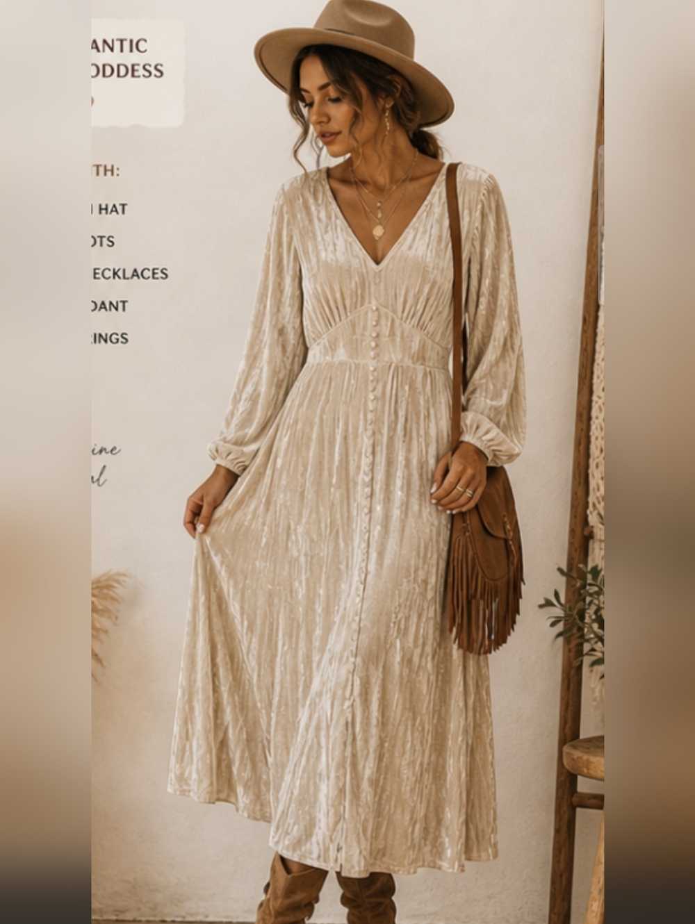 Beige Velvet V-Neck Maxi Dress Pit 20